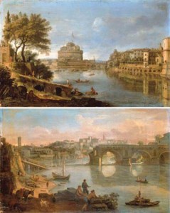 Rome: A view of the Tiber, with the Castel Sant'Angelo and of San Giovanni dei Fiorentini; and A view of the Tiber with the Ponte Rotto and the Aventine Hill beyond