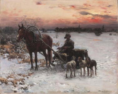 A horse drawn sled in a winter landscape at dusk