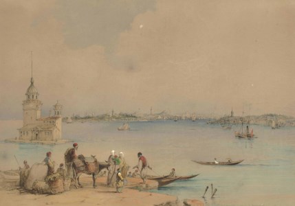 Figures on the quay before the Maiden's Tower, Istanbul