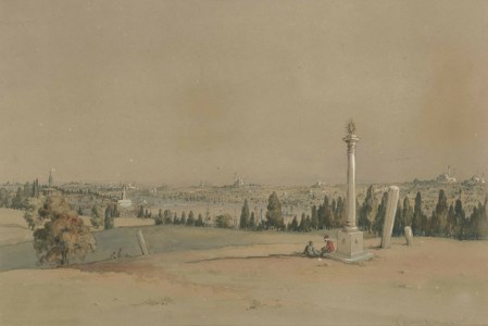 Turks at a column in a park, with Istanbul beyond