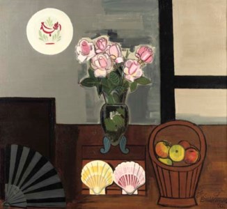 A still life with a flowers, shells and a fan