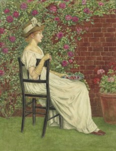 A young girl seated in a chair facing right, beneath a bower of roses, a bowl of cherries in her hand