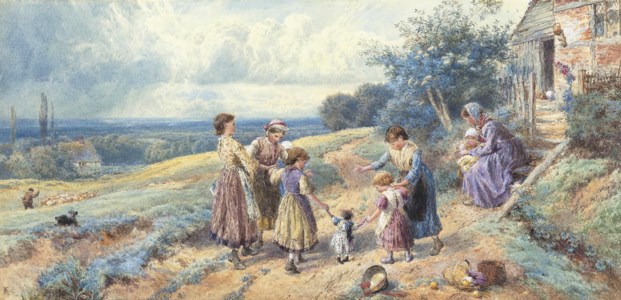 Children playing outside a farmhouse, a shepherd with his flock of sheep beyond