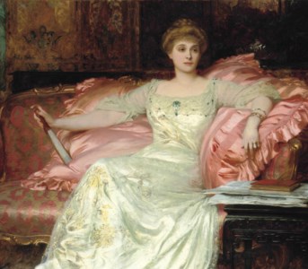 Portrait of Mrs W. K. D'Arcy, seated, three-quarter length, in an opulent interior