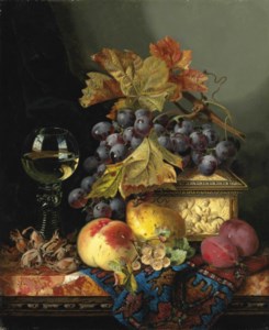 A roemer with a casket, grapes, plums, cobnuts, whitecurrants, a pear and a peach on a marble ledge
