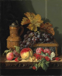A tankard with a casket, grapes, plums, raspberries, whitecurrants and a peach, on a wooden ledge