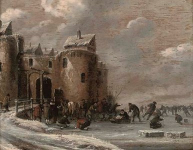 A frozen winter landscape with skaters by a fortified town gate