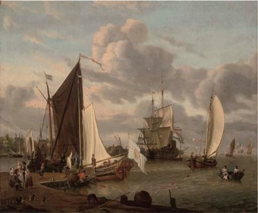 A port with smalschips and a man-o'-war, with fisherfolk and elegant company