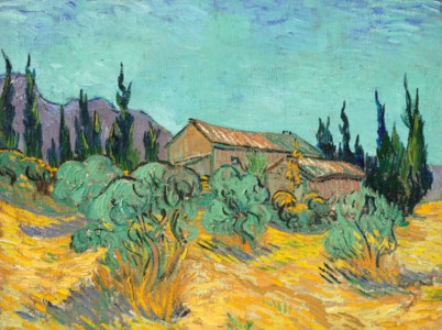 Van Gogh, Cabanes de bois parmi les oliviers et cyprès