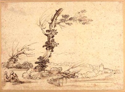 A landscape with falconers by a tree