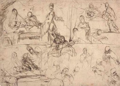 Three studies for the Birth of the Virgin with subsidiary studies of the principal figures