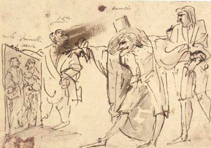 A caricature of the artist presenting a picture of himself and Simonelli to the collector Panesio and another spectator