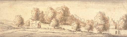 A landscape with trees and a walled park