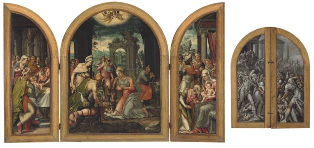 A triptych of The Adoration of the Shepherds; The Circumcision on the left wing; The Adoration of the Magi on the right wing; and The Massacre of the Innocents, en grisaille , on the reverse of the wings