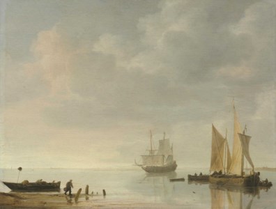 Coastal scene with ships resting on calm waters