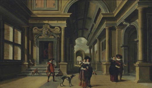 Elegant figures in a courtyard