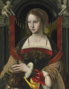 Saint Mary Magdalene before a curtain supported by angels in an architectural niche