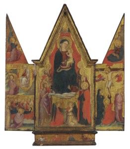 A triptych of The Madonna and Child with Saints and Angels; The Angel of the Annunciation, the Madonna della Cintola, and the Dormition of the Virgin on the left wing; The Virgin Annunciate and the Crucifixion on the right wing; Four male saints on the predella
