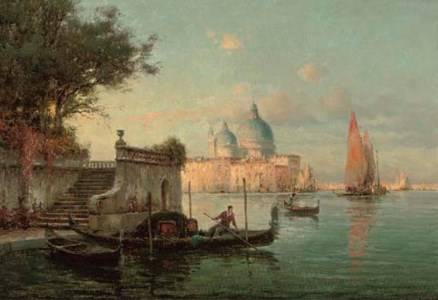 A gondolier at his moorings, Santa Maria della Salute beyond