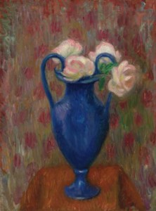 Pink Roses in Blue Urn
