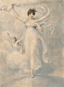 Portrait of Maria Caroline Duff, née Manners (1775 - 1805), full-length, in a white dress, standing on a globe accompanied by two cherubs