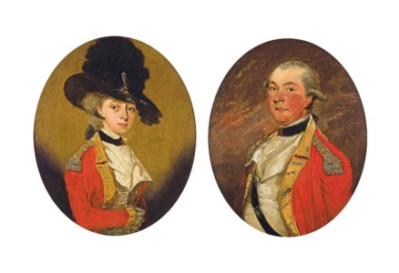 Portrait of a lady, probably Mrs. Jane Handley (d.1809), half-length, in infantry uniform and a black plumed hat; and Portrait of a gentleman, probably Mr. William Handley, half-length, in infantry uniform