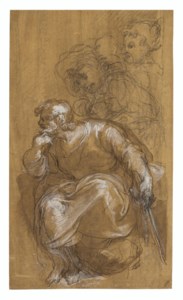 A seated man and studies of male figures behind him