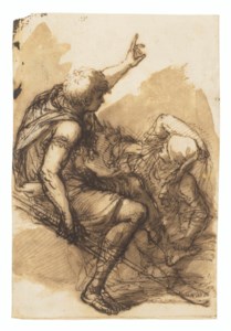 Two figures, one reclining, the other pointing upwards