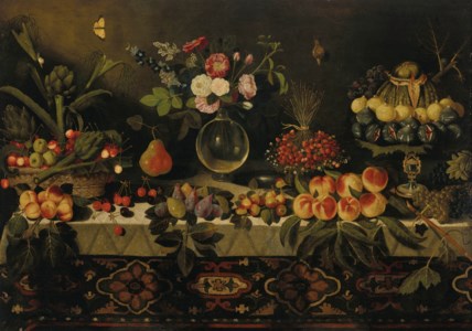 MASTER OF THE HARTFORD STILL LIFE, A draped table laden with fruit and flowers in a glass vase