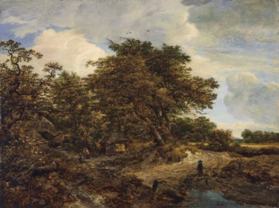 A wooded landscape with cottages and a figure and dogs on a dirt path