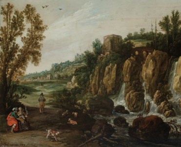 A rocky landscape with a waterfall and Ruth and Boaz