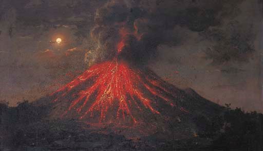 The eruption of Mt. Merapi at night, Java