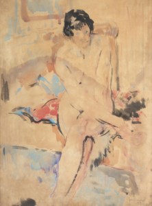 A nude resting on a bed