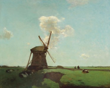 Workers near a wind mill in a Dutch polder landscape, near Noorden