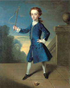 Portrait of a boy, full-length, in a blue coat, with a spinning top on a terrace