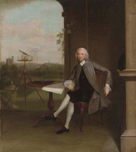 Portrait of Jonas Hanway, small full-length, seated at a table, beside a surveyor's theodolite and a classical urn, overlooking a landscape