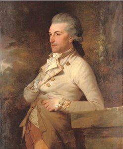 Portrait of a gentleman, three-quarter-length, in a cream coat and waistcoat with gold buttons and trim, leaning against a stone plinth in a landscape