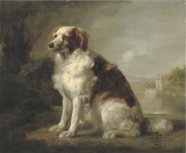 George Stubbs, A red and white dog, in a landscape, a fortified tower and an estuary beyond