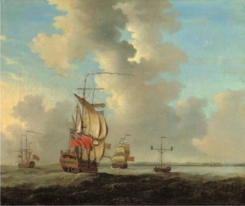 Men-o'-war, one of them lying at anchor, off Sheerness near the Nore lightship