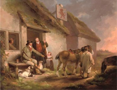 A game keeper with other figures, dogs and a horse outside the Red Lion inn at sunset