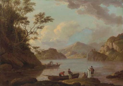 A view of Loch Lomond with figures and boats in the foreground