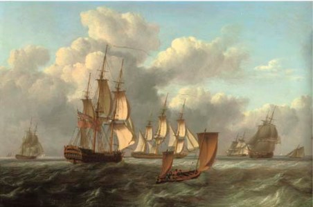 A squadron of frigates arriving at a rendezvous with a lugger passing them
