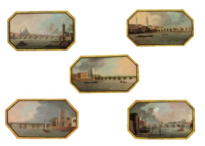 View of Blackfriars Bridge from the Thames with St Paul's Cathedral beyond; View of London Bridge from the Thames with The Monument and St. Magnus beyond; View of the original toll bridge at Battersea with the water tower; View of Old Putney Bridge, All Saints' Church and the Eight Bells Inn; and View of Westminster Bridge with the Palace and Abbey beyond