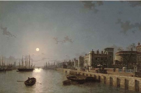 View of the Thames by moonlight, towards London Bridge, with the Tower of London and Traitors' Gate in the foreground