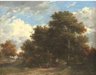 Wooded landscape with a figure on a track, a cottage beyond