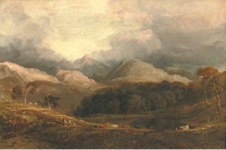 View from Pont Aberglaslyn looking west towards Moel Hebog and the Aberglaslyn woods, Caernarvanshire, north Wales, with figures and cattle in the foreground