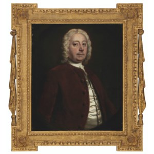 Portrait of a gentleman, traditionally identifed as Dr Worth Vigor, bust-length, in a brown jacket and white silk waistcoat, in a feigned oval