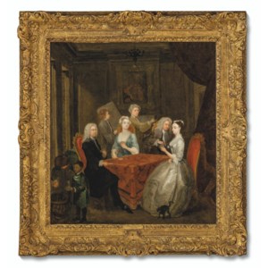 Elegant figures playing cards at a table in an interior, with an artist behind the group