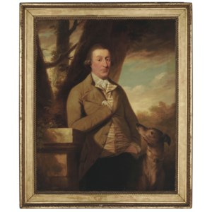 Portrait of a gentleman, three-quarter-length, in a buff jacket and striped waistcoat, with a greyhound