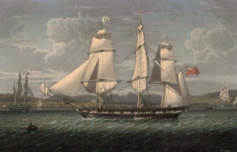 An outward-bound 18-gun merchantman at the 'Tail of the Bank' portrayed in three positions